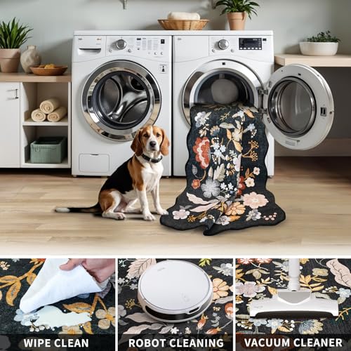 Tapete lavable 3x5 negro antideslizante boho floral miniatura 6