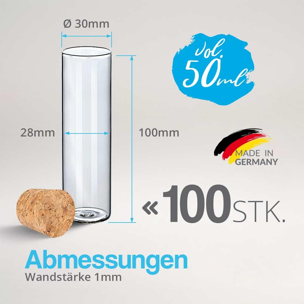 Tuuters 100x Flachbodenglas mit Press-Korken, Reagenzgläser mit flachem Boden, starkwandig (100 x Ø 30mm)