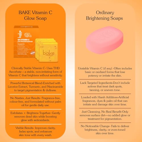 Image of BAKE 10% Vitamin C Ultra Brightening Serum Soap (300g, Pack of 3) with 3% Niacinamide & Turmeric for Pigmentation, Sun Tan & Dark Spots | Exfoliates Dead Skin Cells, Removes Stubborn Marks | For Men & Women - 300g