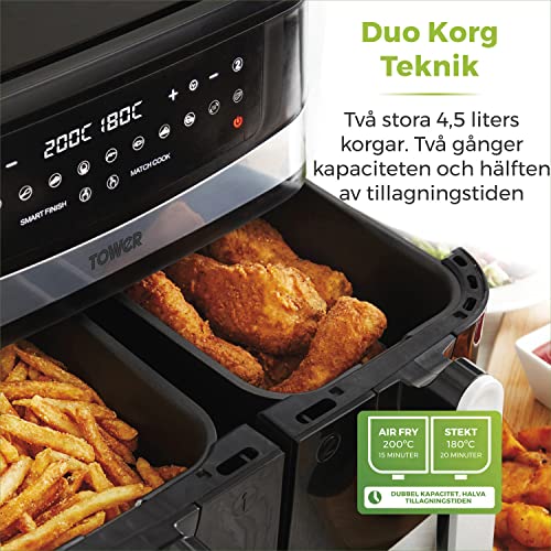 Tower Vortx 9L Dubbelkorg Luftfritös 1800W Svart med 10 Inställningar