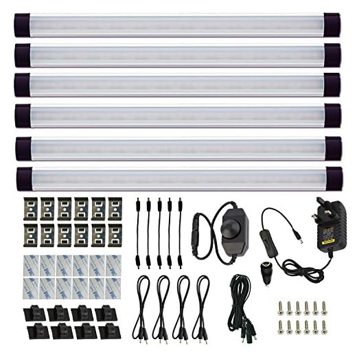 AIBOO Underskåp lampor kit LED styv stång med urtavla dimmerbrytare för köksskåp garderob belysning (2 700 K varmvit, 6 paneler)