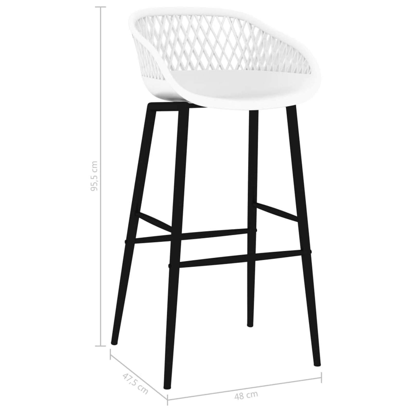 Stołek barowy 2 szt. – ergonomiczne siedzisko z oparciem z siatki, polipropylen i malowany proszkowo metal, 48 x 47,5 x 95,5 cm, wysokość siedziska 74,5 cm, do lady barowej i wyspy kuchennej