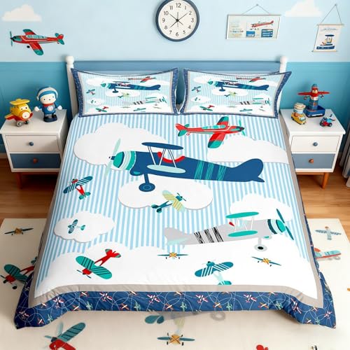 Castle Fairy Airplane Bedding Set,Blue Stripes Duvet Cover for Kids Teen Girls,Aviation Aircraft Comforter Cover Decorative Room,Modern Airplane Quilt Cover with 2 Pillowcases,King Size(No Comforter)
