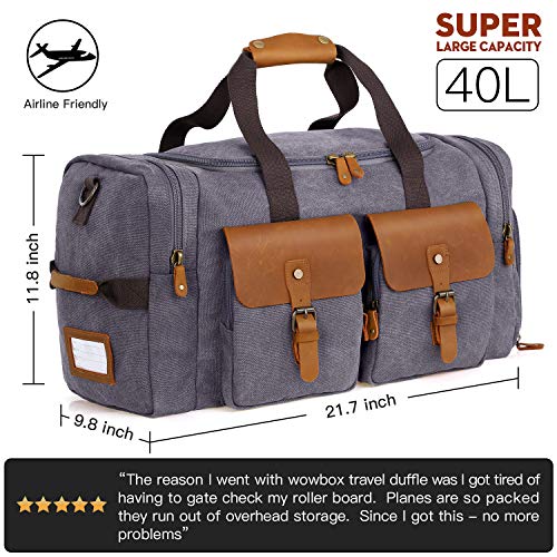 WOWBOX Duffle Bag for Men Women Canvas Genuine Leather Large Duffel Bag Overnight Weekender Bag with Waterproof Shoe Compartment+Shoulder Strap with Pad, Gym Bag Travel Luggage Bag with Tag(Grey)