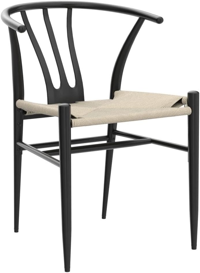 Yaheetech Weave Dining Chairs Set of 2 Mid-Century Modern Dining Room Chairs with Weave Hemp Seat and Metal Legs for Kitchen, Living Room, Restaurant, Black