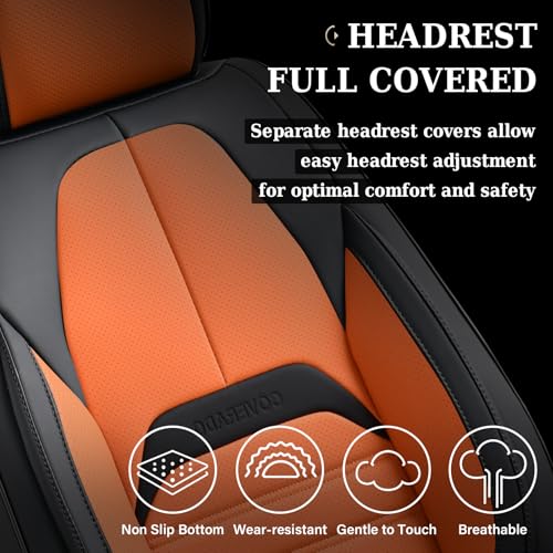 Image of Coverado Waterproof Nappa Leather Car Seat Covers, Automotive Seat Covers,Front Car Seat Cushion & Car Seat Protector, Seat Covers Universal Fit for Most Cars, SUVs,Trucks,Black&Orange