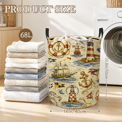 Image of Nautical Lighthouse Laundry Basket, Anchor Ship Collapsible Laundry Hamper Waterproof Oxford Cloth With Handles, Clothes Storage Bucket For Bathroom /Bedroom 16 inch x 20.8 inch