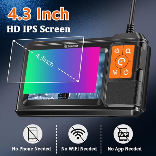 Caméra endoscope double objectif avec lumière, Ferdiiz 1080P HD Boréscope avec 4.3" IPS Écran, IP67 Caméra d'inspection étanche 8+1 réglable LED Lumières, caméra endoscopique flexible-32.8FT 10M câble