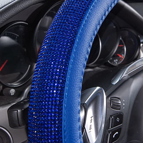 Image of CAR PASS Bling Diamond Leather Steering Wheel Cover, with Bling Sparkly Crystal Glitter Rhinestones Universal Fit 14 inch 1 /2-15 inch Car Wheel Protect for Women Girl Fit Suvs,Vans,Sedans,Cars,Trucks, Blue