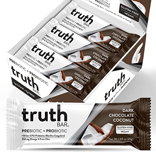 Truth Bar Healthy Snack, Omega 3 from Chia, Plant based, Prebiotics & Probiotics, High fiber, Low sugar, Keto, Kosher, Dark Chocolate, Vegan, Gluten Free, 12 Ct, 45g ea.