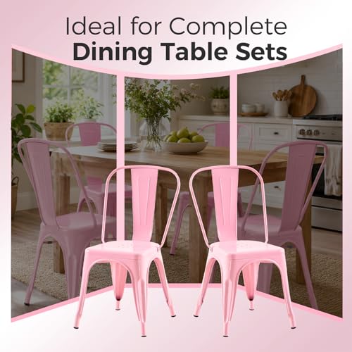 Image of Metal Dining Chairs with Backrest, Stackable, Pink, 8 Pack | Easy Assembly, Non-Slip Feet, 330 lb Capacity, Kitchen, Restaurant, Cafe, Pub, Covered Patio