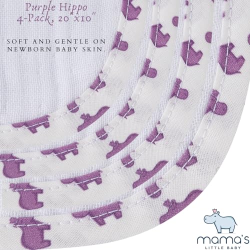 Mama's Baby - Muslin Burp Cloths Sets for Unisex 100% Cotton Hand Washcloths for Babies, Baby Essentials Perfect for Newborn Baby Burping Cloths/Burp Bibs (Purple Hippo, 4-Pack, 20" X10")2