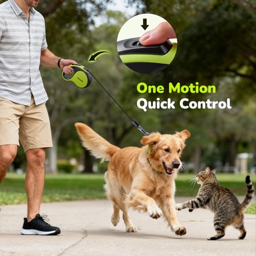Pecute Hundeleine 5m, Verbesserte Kausichere Rollleine für Hunde, EIN-Knopf-Steuerung & Verwicklungsfrei, Robuste Nylonleine mit Reflektorstreifen, Hundeleine für Kleine & Mittel Hunde bis 30 kg