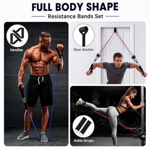 Image of Resistance Bands Set for Exercise & Workout, 5 Stackable Resistance Tube Bands with Handles, Door Anchor & Ankle Straps, Carry Bag, Home Gym Equipment for Men & Women (Multicolor) (R Bands Set)