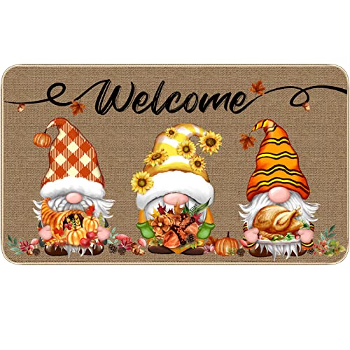 TREWAVE Fall Welcome Decorative Doormat Gnome Non Slip and Washable Door Mat Pumpkin Sunflower Turkey Maple Leaf Fall Harvest Thanksgiving Floor Mat Indoor Outdoor 17 x 29 Inch