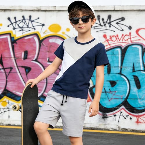 Image of Ayzozuy Boy Clothes Colorblock Top + Drawstring Waist Shorts 2 Pieces Kid Summer Outfits Set
