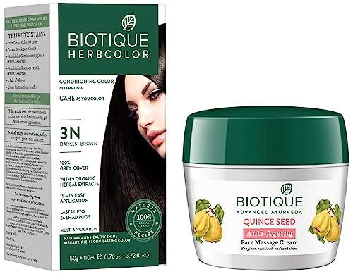 Biotique Bio Quince Seed Nourishing Face Massage Cream, 175g & Biotique Bio Herbcolor Conditioning Hair Color, 50g + 110ml – Darkest Brown 3N (Pack of 1)