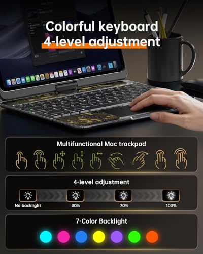 Image of Wireless Keyboard Case for iPad 9th (7th, 8th, and 9th Gen) 10.2 Inch, Transparent Protective Cover with 7-Color Backlit Keyboard, 360 Rotating Stand, Multi-Touch Trackpad and Pencil Holder