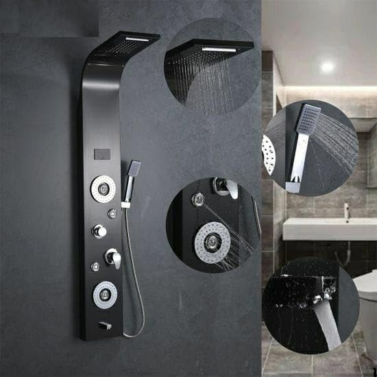 BHM Modern LED Black Shower panel With Digital Display & Multifunction, Beautiful Waterfall & Rainfal, Stainless Steel Black
