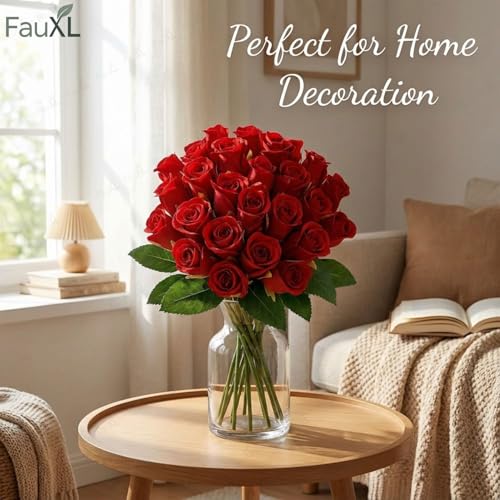 Image of Set of 24 Artificial Rose Flowers Bunches for Vase - Home Decoration Gift Items for Living Room Corner Table Top Bedroom Wedding (Pot Not Included) - 24 CM (Red)