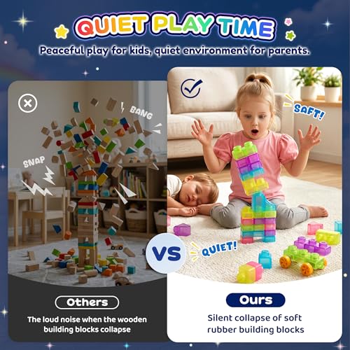 Image of 57PCS Soft Glow in The Dark Building Blocks for Toddlers, Dream City | Preschool Educational Creative Play, Montessori Squeezable, Stretchable Early Learning Construction Playset, Puzzle Blocks