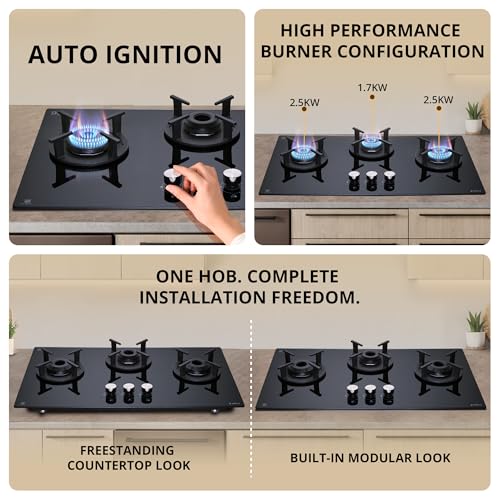 Image of Elica 60cm 3 Burner Auto Ignition Hob | RG FLEXI 360 LOTUS IND HD Brass | SABAF Brass Burners | Built-in & Freestanding | Toughened Black Glass | 10-Year Burner & 5-Year Glass Warranty
