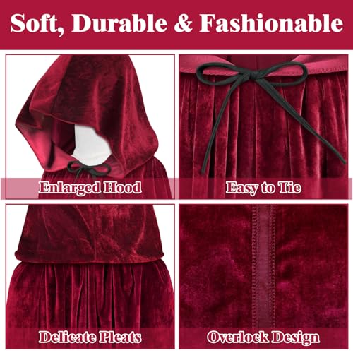 Image of Sarfel Hooded Cloak Velvet Cape with Hood Halloween Capes Women Witch Costume Vampire Cloak Wizard Robe Men Cosplay Costume, Wine Red, X-Large