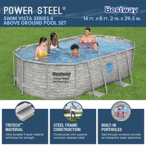 Bestway Power Steel Swim Vista Series Ii 14' X 8'2" X 39.5" Above Ground Pool Set, 14' X 8' X 40", Grey Stone #TOP1
