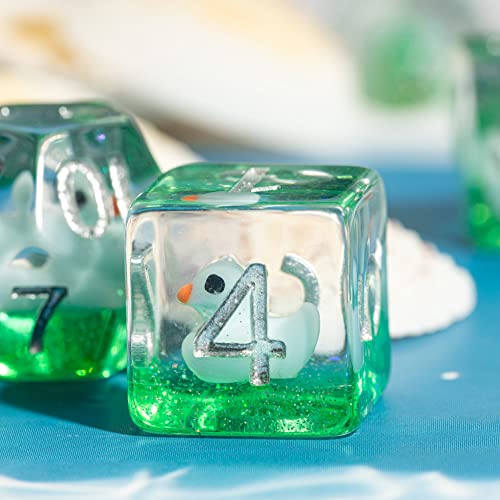 Image of cusdie 7-Die DND Dice, Polyhedral Dice Set Filled with Duck, for Role Playing Game Dungeons and Dragons D&D Dice MTG Pathfinder (Green with Blue Duck)