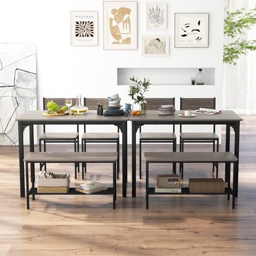 Image of Giantex Dining Table Set for 4, Kitchen Table with Bench and Chairs, Industrial Gathering Bench Dining Set W /Metal Frame & Storage Rack, Dinette Set, Modern Functional Desk Set (Grey)