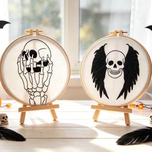 Image of Skull Halloween Embroidery Kits for Beginners Adults, Gothic Embroidery Sets Needlepoint Kits, Halloween Stamped Cross Stitch Kits for Beginners Adults, 2 Embroidery Hoops (Attached Video Tutorial)