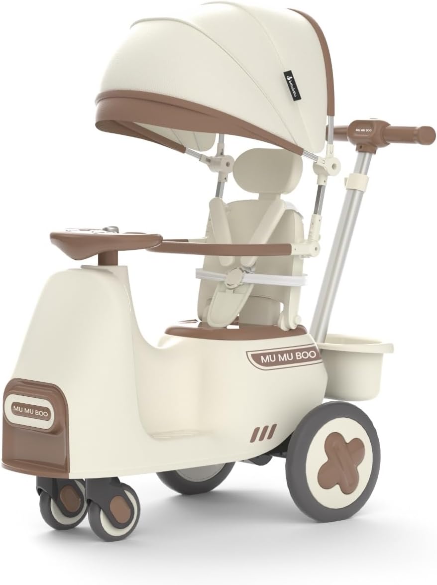 3-in-1 Push Ride-On Car Stroller with Automatic Rocking | Innovative Baby & Toddler Solution - No Batteries, No Charging, Just Push & Rock (Beige)