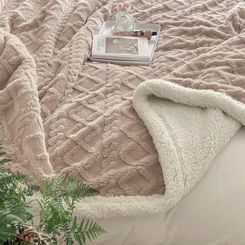 Fabienne Jacquard Sherpa Blanket Single Size Faux Fur Bed Blanket Reversible 160x220cm Flannel Fleece Lamb Blanket - Warm and Plush Throw Blanket for Bed Sofa Travel Couch (Light Coffee)
