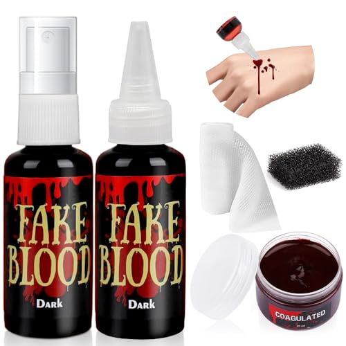 Halloween Kit de Sangre Falsa, Sangre Falsa Maquillaje, Sangre Artificial Realista, 60ml Sangre Fresca, 60ml Fake Blood Gotas, 30g Pasta de Sangre, Esponja Fina, Pegatinas de Cicatrices