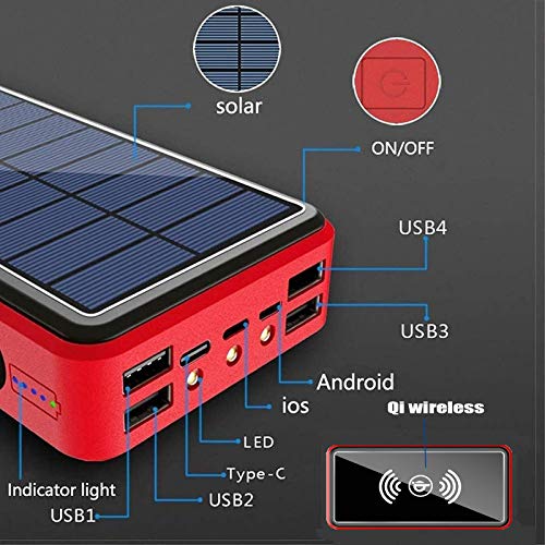 CDBK Cargador Solar Movil 50000Mah, QI Inalámbrico Power Bank Solar Bateria Externa Movil Cargador Portatil con Leds Brillantes Y 4 Salidas USB, Cargador De Teléfono Solar Powerbank,Rojo