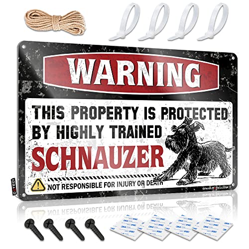 FLEZONITE Letrero de estaño con texto en inglés 'Warning This Property Is Protected By A Highly Trained Schnauzer' para exteriores y decoración de barra metálica (30 x 40 cm)