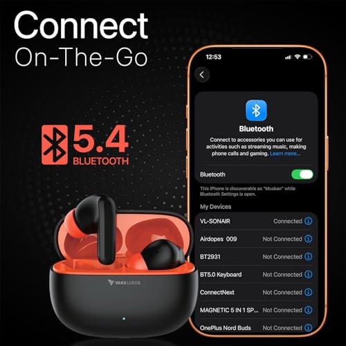 Image of Vaku Luxos SONAIR TWS Bluetooth 5.4 Earbuds | 60H Playtime | Touch Controls | Type-C Fast Charging | 10mm Driver | Voice Assistant | Deep Bass Wireless Earbuds with Charging Case- Black /Orange