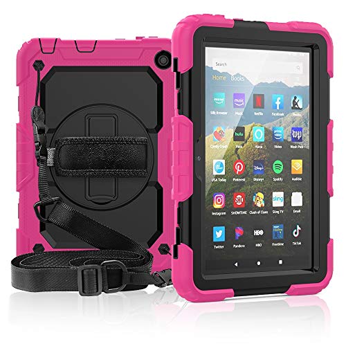�^�u���b�gPC�P�[�X Fire HD 8 2020 3�w�ϏՌ����A360�x�X�C�x���L�b�N�X�^���h���n���h�X�g���b�v���V�����_�[�X�g���b�vPC +�V���R���ی�P�[�X �o�b�N�P�[�X�J�o�[ (Color : RoseRed)
