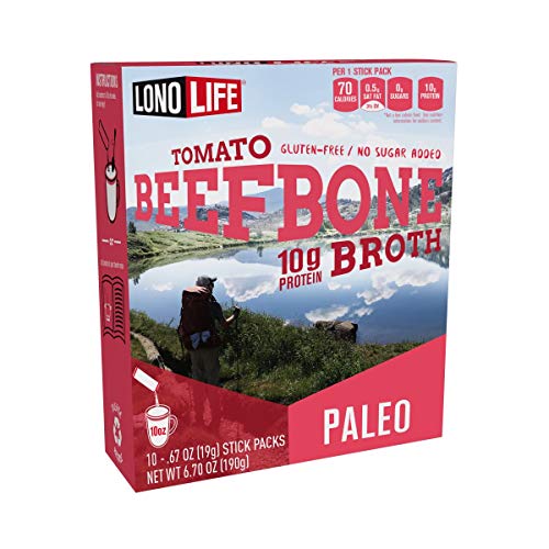 LonoLife Grass-Fed Tomato Beef Bone Broth Powder with 10g Protein, Paleo and Keto Friendly, Gluten-Free, Portable Individual Packs, 10 Servings (Equal to 80 ounces of broth) 10 Count