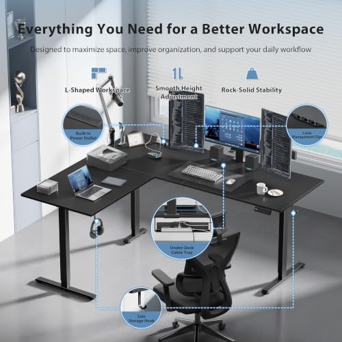Image of 63 Inch L Shaped Electric Standing Desk, Corner Workstation, Black | 3 AC outlets, 2 USB ports, cable tray, cord clips, 3 memory presets, anti-collision and 176 lb capacity for home office.