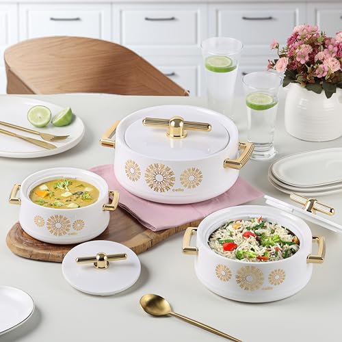 Image of CELLO Jewel NX Insulated Casserole Set of 3 Pcs (500ml, 1000ml, 1500ml) White | Double Wall Insulated Hot Pot Case Keeps Food Hot & Warm for Long Hours, Casserole Hot Pot Set for Roti, Chapati, Rice