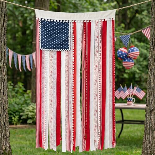 Lighted Rag American Flag Banner 4 x 2.3 Ft Rag American Flag Banner for Home Party Supplies Patriotic Wall Hanging for Memorial Day Independence Day Party Farmhouse Home Decor (Style1 No Lights)