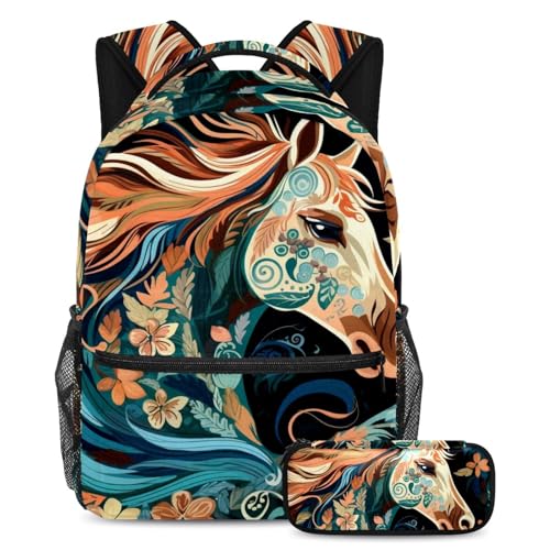 Sac d'école grande capacité motif cheval résistant avec sa trousse pour ranger les fournitures