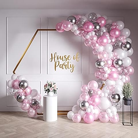 HOUSE OF PARTY Pink and White Balloons Garland Kit 158 Pcs - Pink, Silver Metallic, Silver Confetti Balloon Arch | White and Hot Pink Birthday Decorations and Party Supplies Cover