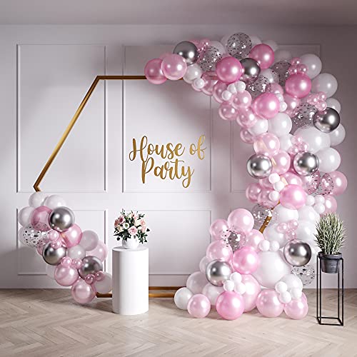 HOUSE OF PARTY White, Silver & Pearl Pink Balloon Garland Kit 158 Pcs | 5" 10" 12" 18" White, Pearl Pink & Silver Balloons | Pink and Silver Party Decorations for Birthdays, Baby Showers, etc.