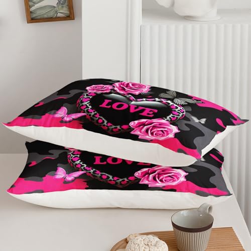 Image of QOOMO 3Pcs Flowers Comforter Set Twin Size,Leopard Print Bedding Set for Teens Boys Girls,Pink Comforter with 2 Pillowcases,Soft and Lightweight