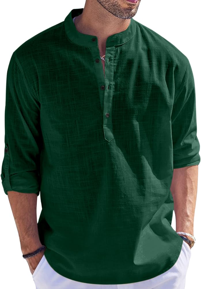 Hemrin Men's Dark Green Kurta Shirt, Solid Color, Cotton Blend, Straight, L