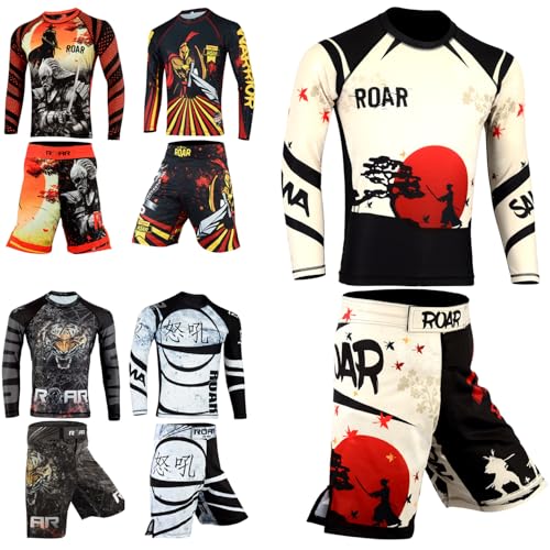 ROAR-INT 2Pcs No Gi BJJ Men Rash Guard Set, MMA Shorts Grappling Jiu Jitsu Gym Training Athletic Muay Thai Compression Set