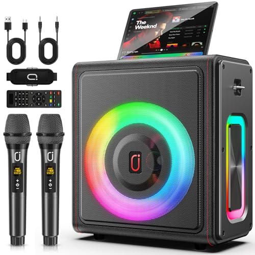 Karaoke Machine, Portable Bluetooth 5.3 Speaker with 2 Wireless Microphones for Adults, PA System with Pitch Correction & Echo Adjustment, Supports TWS/TF Card/USB/AUX/Live for Home Party