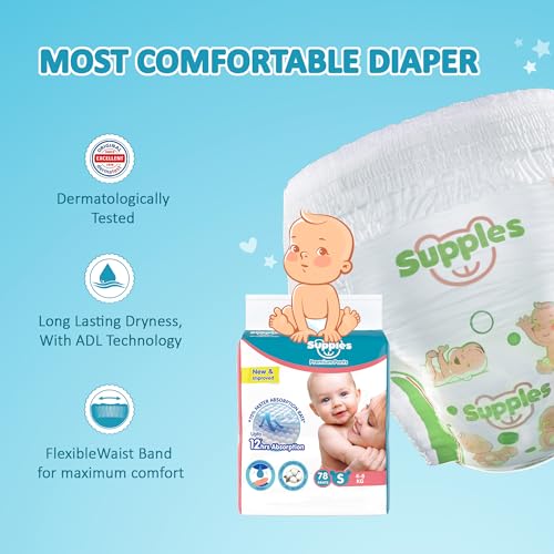 Image of Amazon Brand - Supples Premium Baby Diaper Pants | 234 Baby Diapers | Small | 4-8 Kg | 78 x 3 Packs | 12 Hrs Absorption | Cushiony Cotton Soft Fabric | Phthalates-Free | Triple Leak Guard